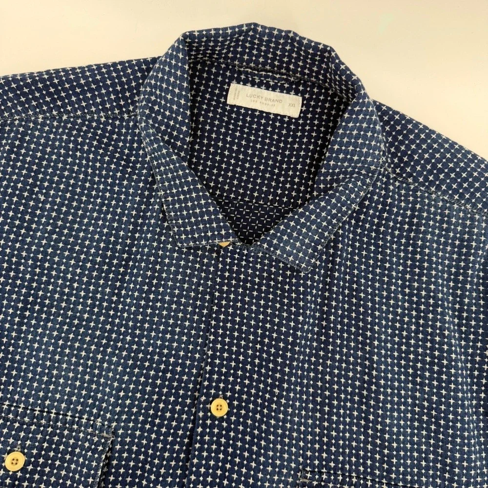 Lucky Brand Button Down Shirt Mens XXL Navy Blue Geometric Short Sleeve Pocket